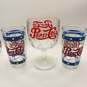 Vintage Pepsi Glassware Tiffany Style Stained Glass Cups Thumbprint Goblet 3pc